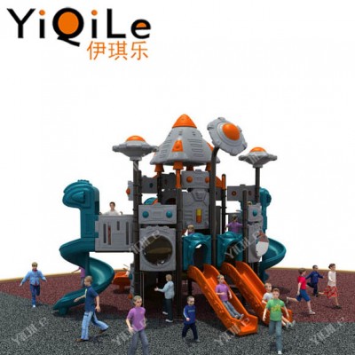 adult size space shape outdoor playground with tube and curved plastic slide